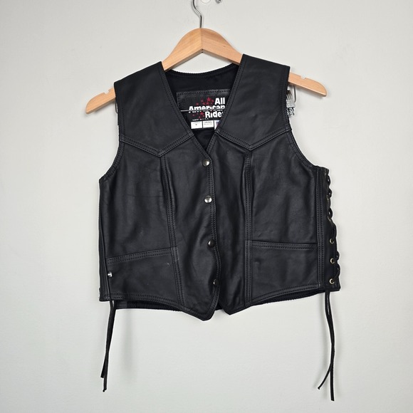 All American Rider Leather Motorcycle Vest M USA Made Biker Black Lace-Up Sides - Picture 1 of 9